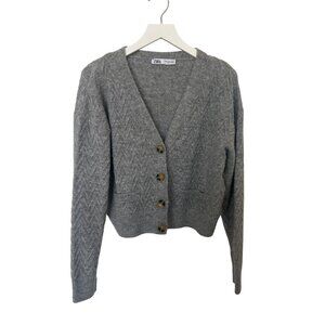 Zara Gray Button-Up Chevron Knit Cardigan Sweater